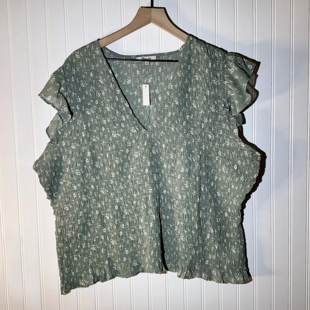 NWT Madewell Lucie Top 26W Green Floral Smocked Flutter Sleeve Boho Fairy